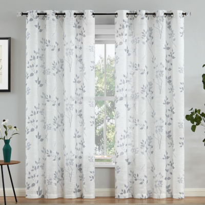 Gray Sheer Curtain With Pastoral Floral Embroidery