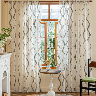 Sage Green Sheer Curtain With Vine Embroidery