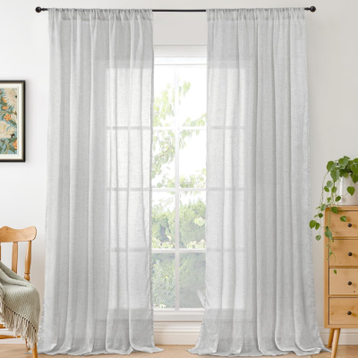 Light Gray Linen-Look Sheer Curtain For Living Room And Bedroom