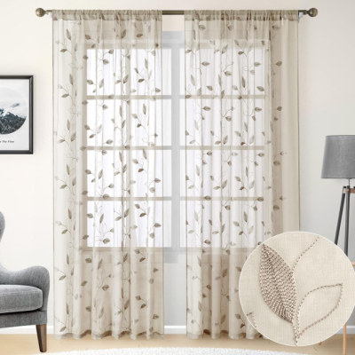 Beige Semi-Sheer Sheer Curtain With Leaf Embroidery