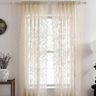 Beige Cottage-Style Floral Lace Sheer Curtain