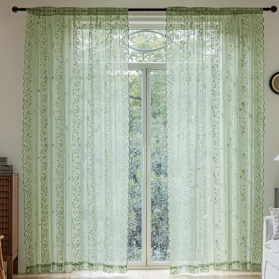 Sage Green Victorian Floral Semi-Sheer Curtain
