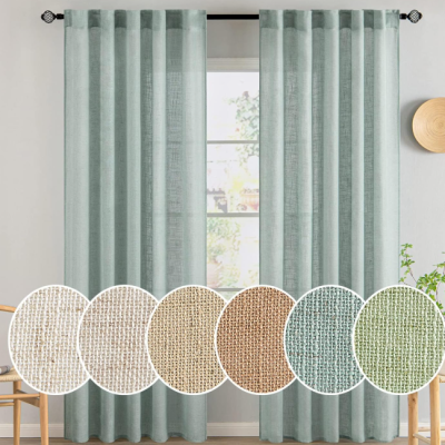 Sea-Green Heavyweight Linen-Look Sheer Dual-Use Curtain