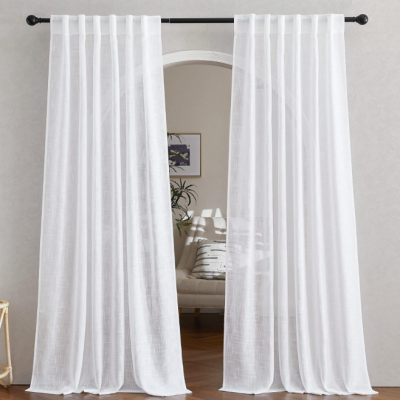 White Linen-Look Sheer Dual-Use Curtain For Sliding Doors