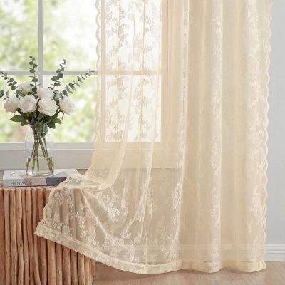 Beige Bohemian Floral Lace Sheer Curtain