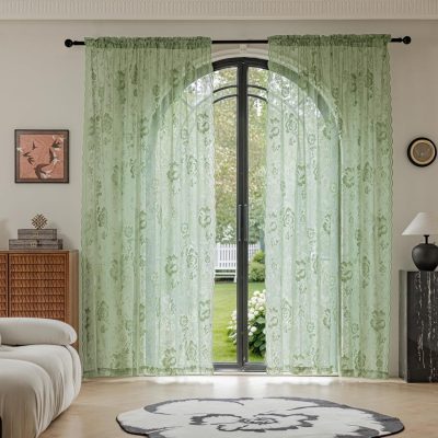Sage Green Vintage Floral Lace Sheer Curtain With Scalloped Edge