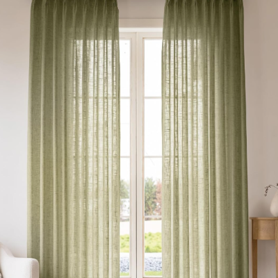Olive Green Neutral-Toned Linen Pinch-Pleat Curtain