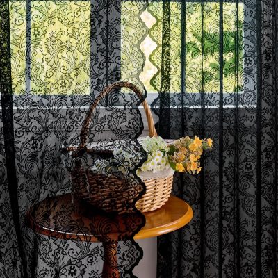 Black Vintage Floral Lace Semi-Sheer Curtain